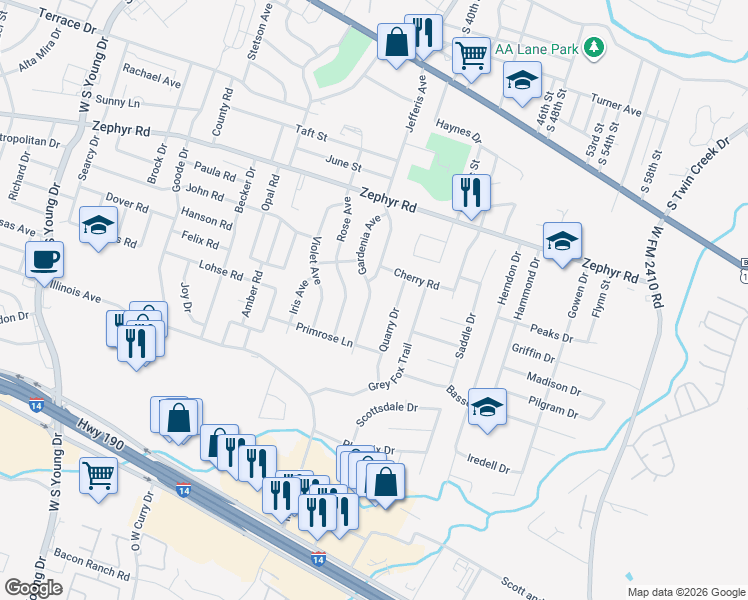 map of restaurants, bars, coffee shops, grocery stores, and more near 1507 Jefferis Avenue in Killeen