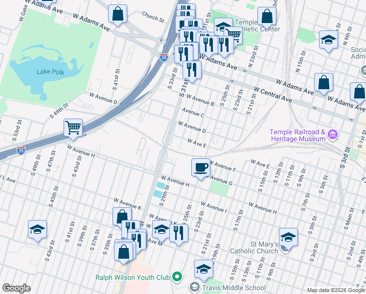 map of restaurants, bars, coffee shops, grocery stores, and more near 605 South 31st Street in Temple