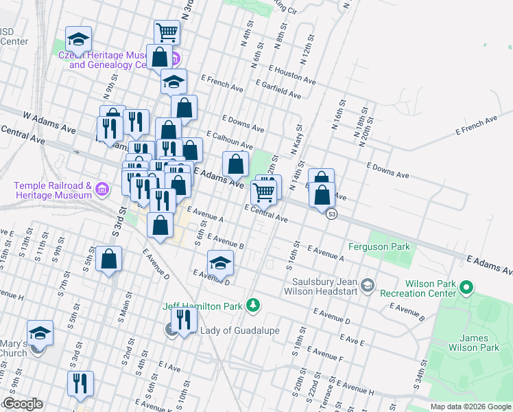 map of restaurants, bars, coffee shops, grocery stores, and more near 608 East Central Avenue in Temple