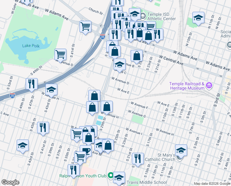 map of restaurants, bars, coffee shops, grocery stores, and more near 518 South 27th Street in Temple