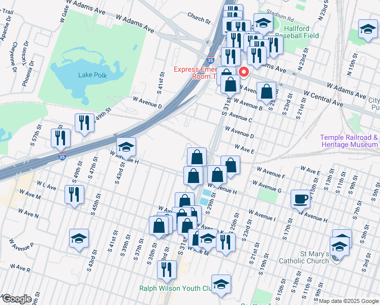 map of restaurants, bars, coffee shops, grocery stores, and more near 1618 West Avenue H in Temple
