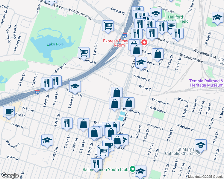 map of restaurants, bars, coffee shops, grocery stores, and more near 1618 West Avenue H in Temple