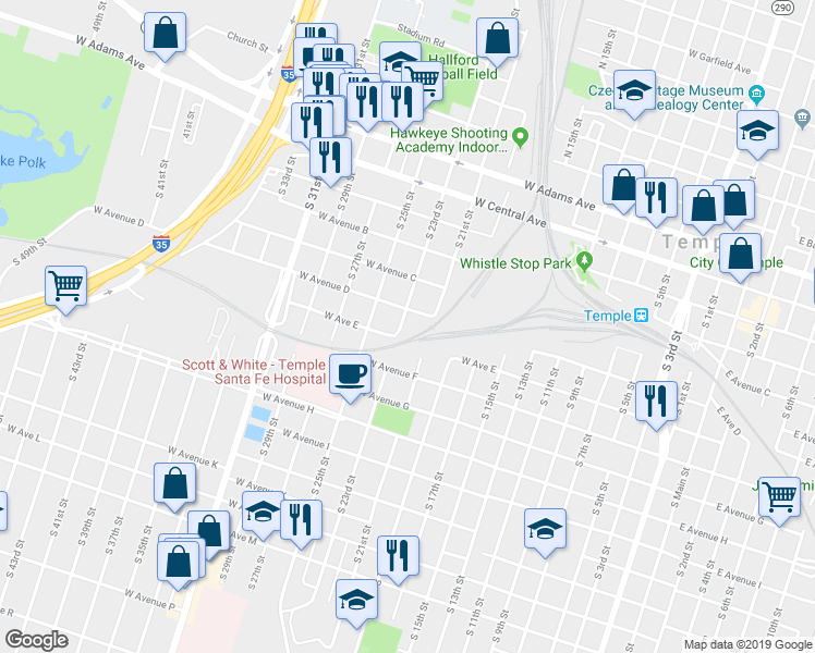 map of restaurants, bars, coffee shops, grocery stores, and more near 409 South 23rd Street in Temple