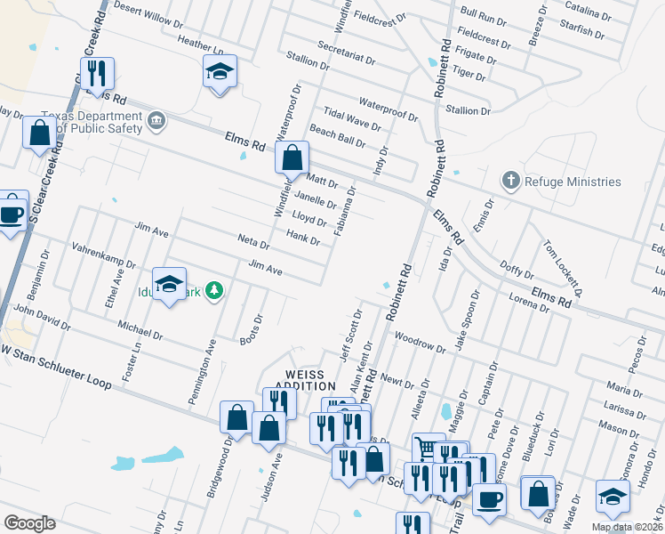 map of restaurants, bars, coffee shops, grocery stores, and more near 3908 Fabianna Drive in Killeen