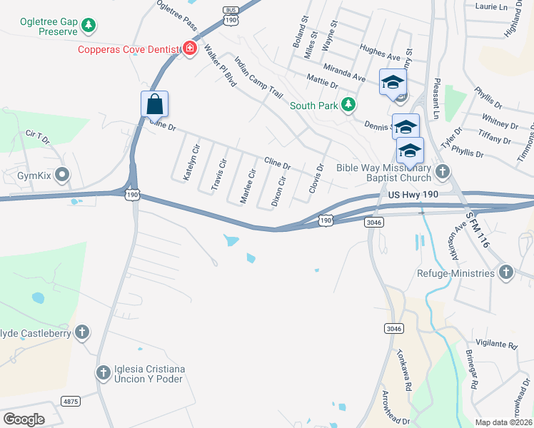 map of restaurants, bars, coffee shops, grocery stores, and more near 2700 US Hwy 190 South Bypass in Copperas Cove