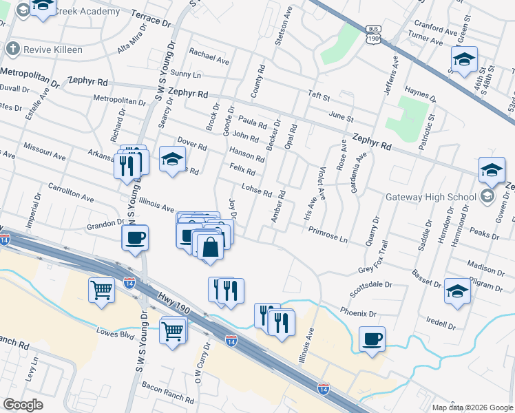 map of restaurants, bars, coffee shops, grocery stores, and more near 2602 Amber Court in Killeen