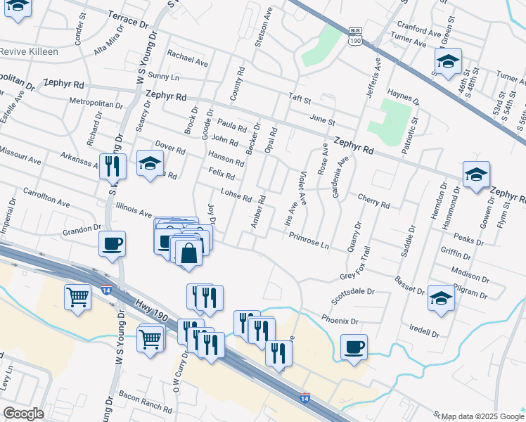 map of restaurants, bars, coffee shops, grocery stores, and more near 1607 Topaz Road in Killeen