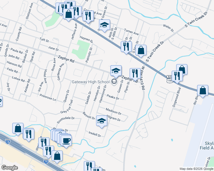 map of restaurants, bars, coffee shops, grocery stores, and more near 1404 Hammond Drive in Killeen