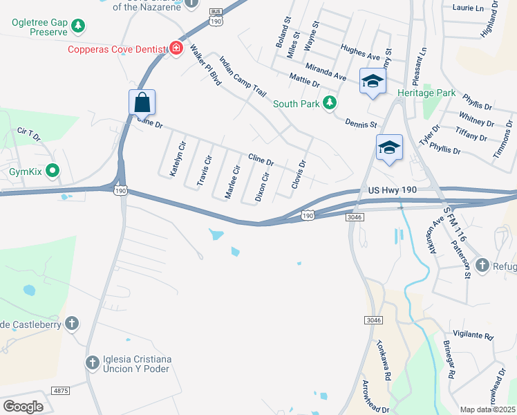 map of restaurants, bars, coffee shops, grocery stores, and more near 1201 Dixon Circle in Copperas Cove