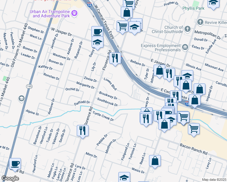 map of restaurants, bars, coffee shops, grocery stores, and more near 211 Lowes Boulevard in Killeen