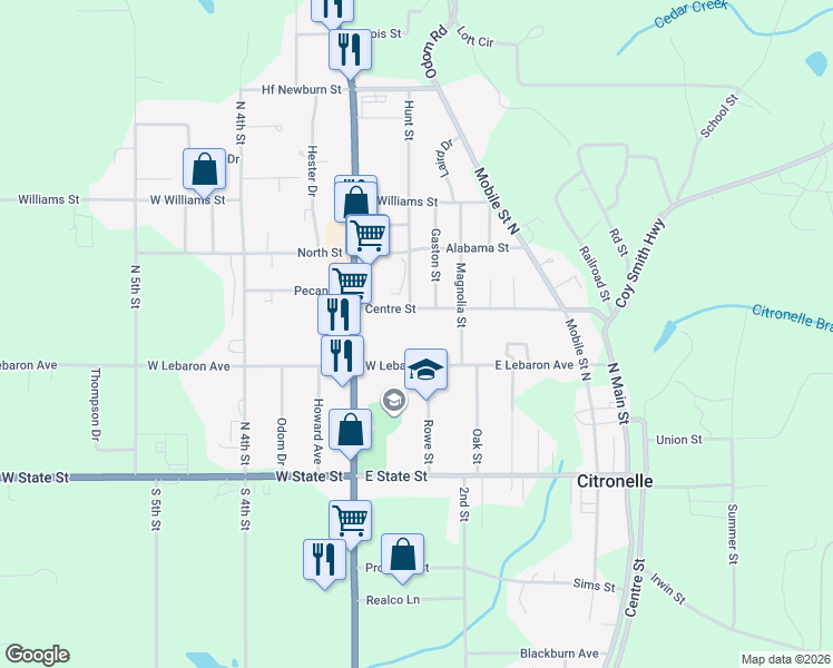 map of restaurants, bars, coffee shops, grocery stores, and more near 8140 Lebaron Avenue in Citronelle