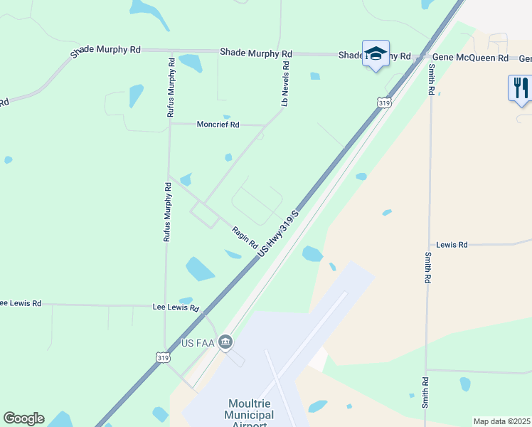 map of restaurants, bars, coffee shops, grocery stores, and more near 135 Lacy Lane in Moultrie