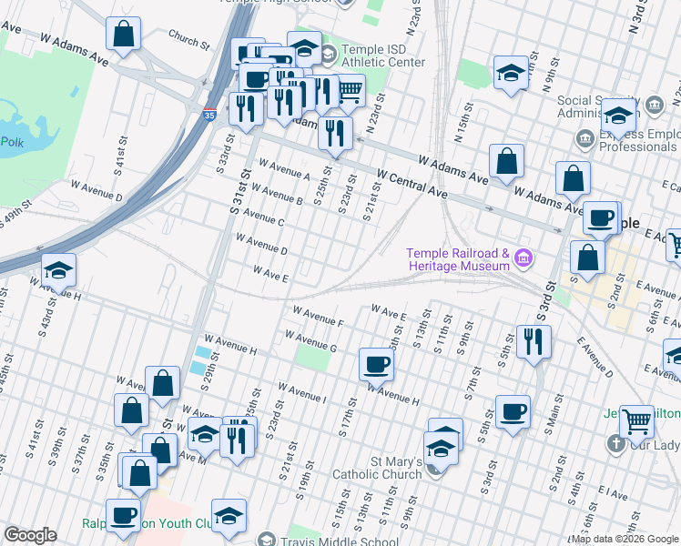 map of restaurants, bars, coffee shops, grocery stores, and more near 409 South 23rd Street in Temple