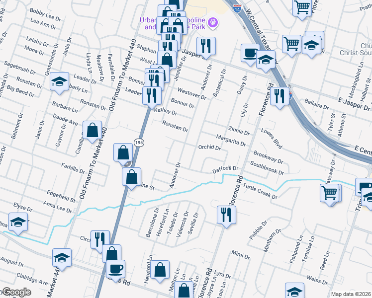 map of restaurants, bars, coffee shops, grocery stores, and more near 2404 Andover Drive in Killeen