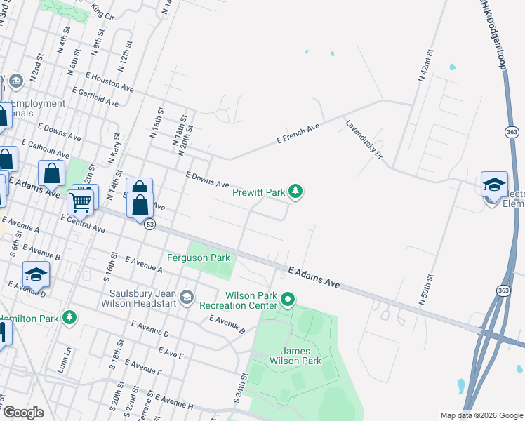 map of restaurants, bars, coffee shops, grocery stores, and more near 1604 East Barton Avenue in Temple