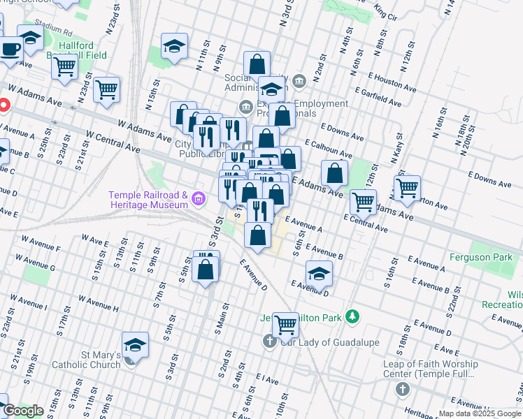 map of restaurants, bars, coffee shops, grocery stores, and more near 101 South Main Street in Temple