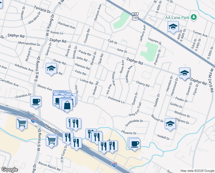 map of restaurants, bars, coffee shops, grocery stores, and more near 1512 Iris Avenue in Killeen