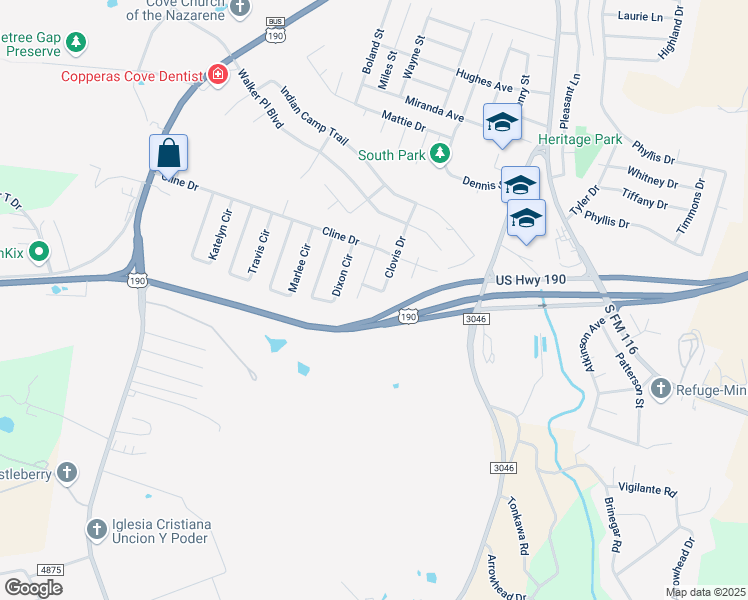 map of restaurants, bars, coffee shops, grocery stores, and more near 1201 Dixon Circle in Copperas Cove