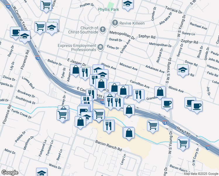 map of restaurants, bars, coffee shops, grocery stores, and more near 2203 Estelle Avenue in Killeen