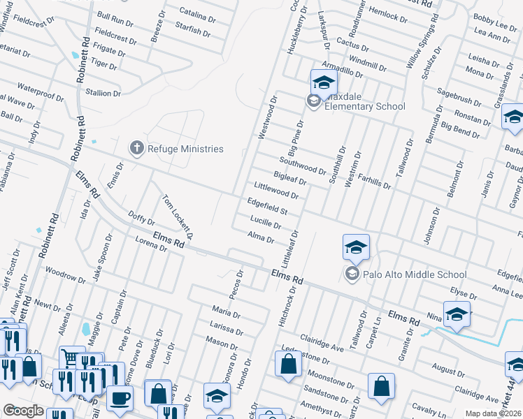 map of restaurants, bars, coffee shops, grocery stores, and more near 2703 Lucille Drive in Killeen