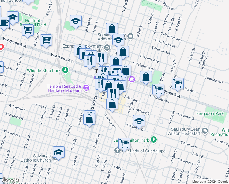 map of restaurants, bars, coffee shops, grocery stores, and more near 19 South Main Street in Temple