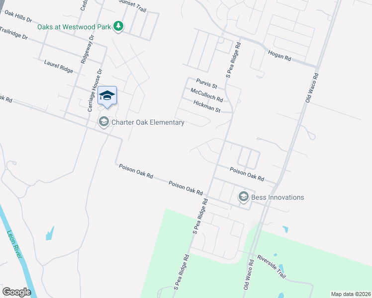 map of restaurants, bars, coffee shops, grocery stores, and more near 2332 South Pea Ridge Road in Temple