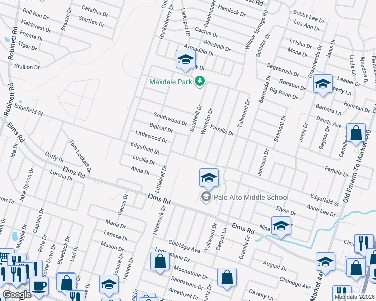 map of restaurants, bars, coffee shops, grocery stores, and more near 3306 Southhill Drive in Killeen