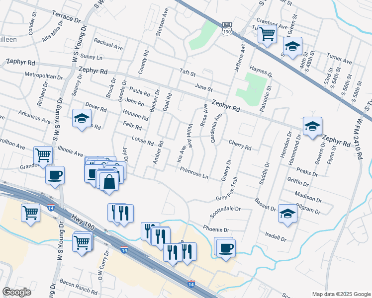 map of restaurants, bars, coffee shops, grocery stores, and more near 1502 Iris Avenue in Killeen
