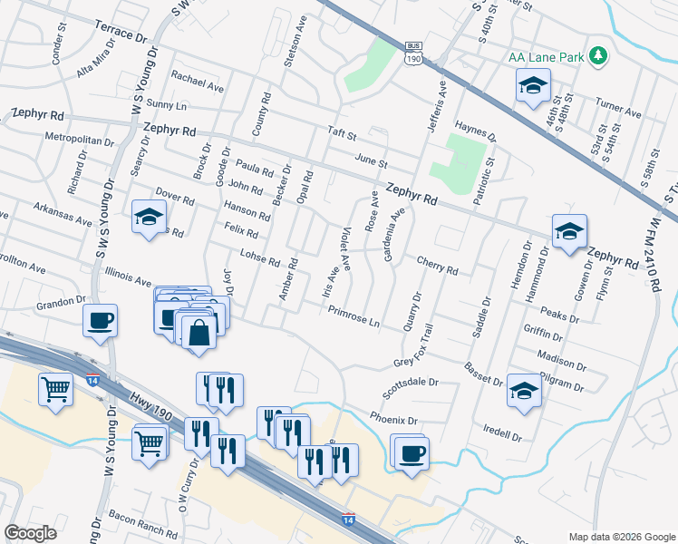 map of restaurants, bars, coffee shops, grocery stores, and more near 1512 Iris Avenue in Killeen