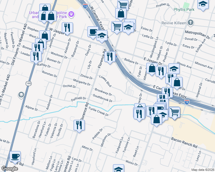 map of restaurants, bars, coffee shops, grocery stores, and more near 110 Lowes Boulevard in Killeen