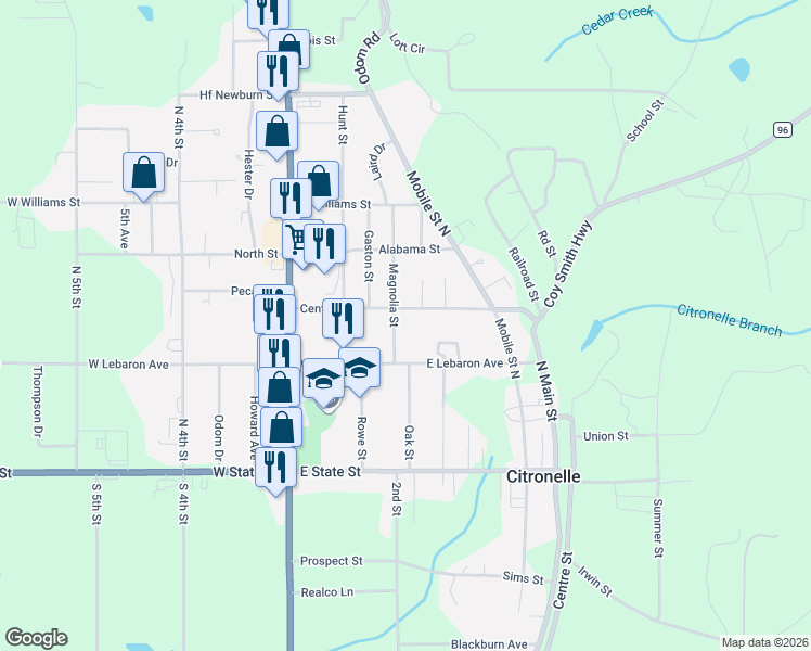map of restaurants, bars, coffee shops, grocery stores, and more near 8000-8060 Centre St in Citronelle