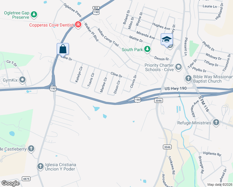 map of restaurants, bars, coffee shops, grocery stores, and more near 1116 Dixon Circle in Copperas Cove