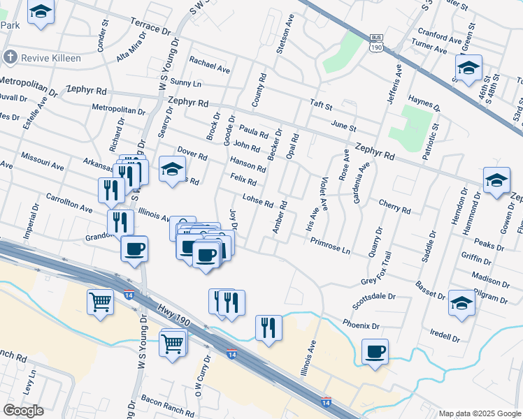 map of restaurants, bars, coffee shops, grocery stores, and more near 1510 Becker Drive in Killeen