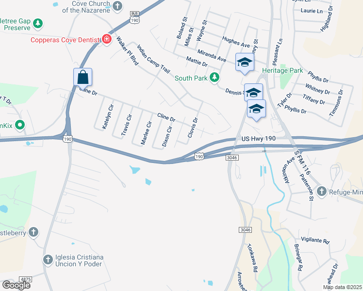map of restaurants, bars, coffee shops, grocery stores, and more near 1111 Dixon Circle in Copperas Cove