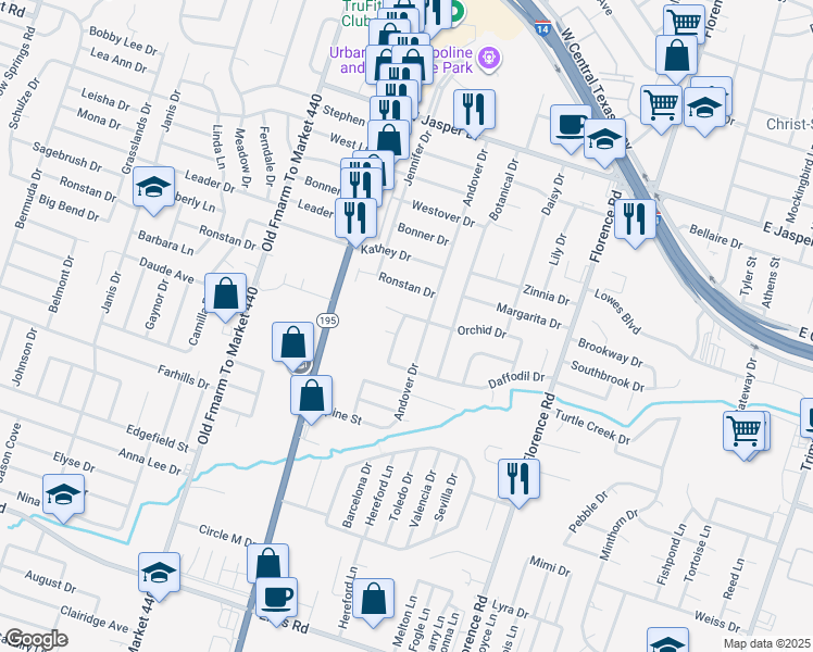 map of restaurants, bars, coffee shops, grocery stores, and more near 403 Orchid Drive in Killeen