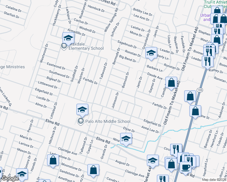 map of restaurants, bars, coffee shops, grocery stores, and more near 1803 Farhills Drive in Killeen