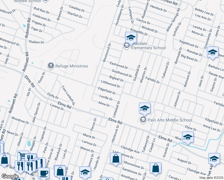 map of restaurants, bars, coffee shops, grocery stores, and more near 2701 Edgefield Street in Killeen