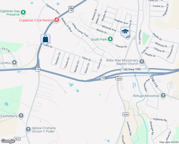 map of restaurants, bars, coffee shops, grocery stores, and more near 1111 Dixon Circle in Copperas Cove