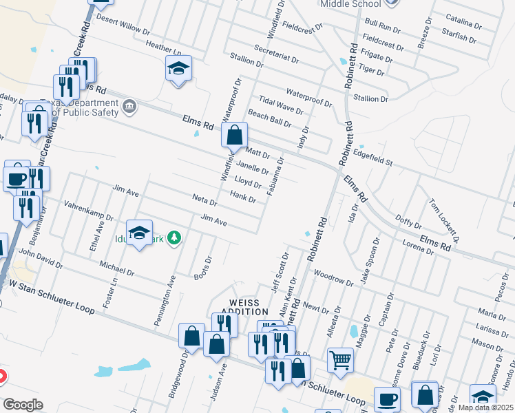 map of restaurants, bars, coffee shops, grocery stores, and more near 4310 Hank Drive in Killeen