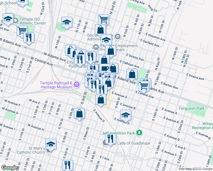 map of restaurants, bars, coffee shops, grocery stores, and more near 1 South Main Street in Temple