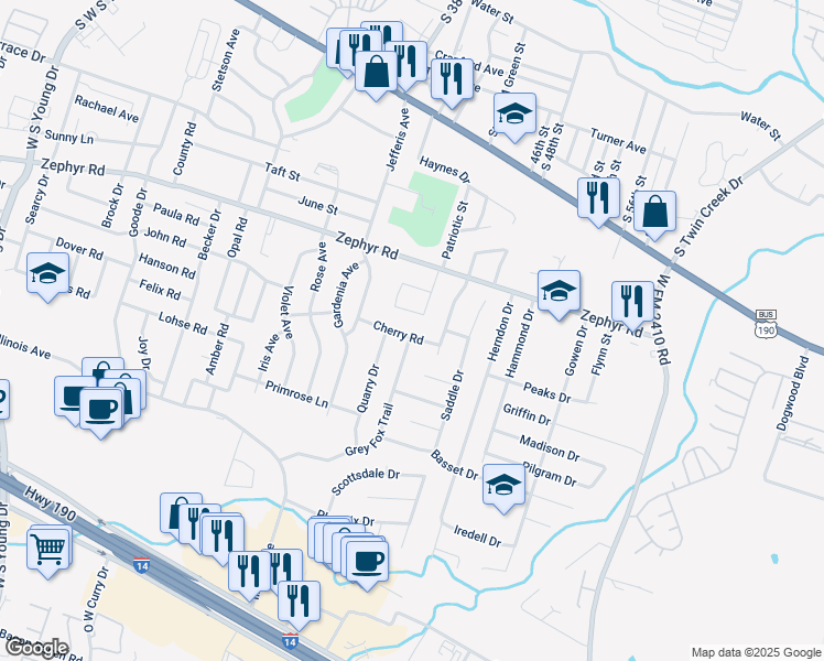 map of restaurants, bars, coffee shops, grocery stores, and more near 3401 Cherry Road in Killeen