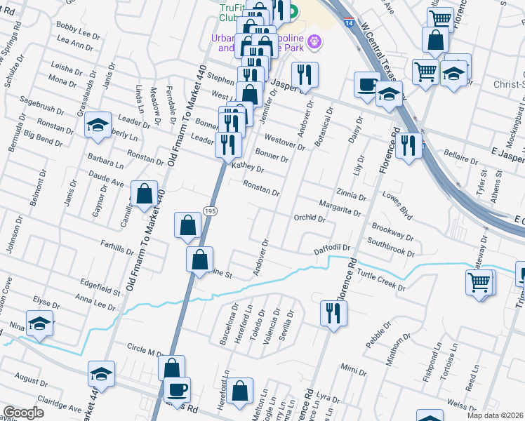 map of restaurants, bars, coffee shops, grocery stores, and more near 403 Orchid Drive in Killeen