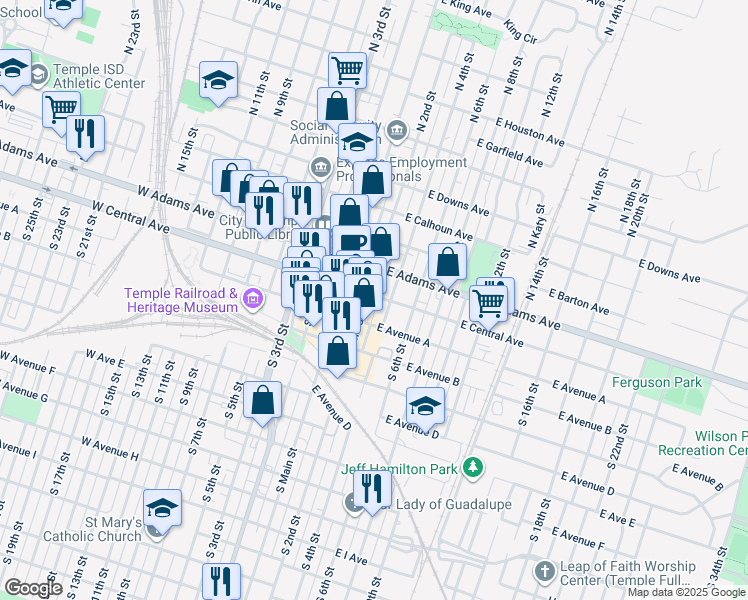 map of restaurants, bars, coffee shops, grocery stores, and more near 156 East Central Avenue in Temple