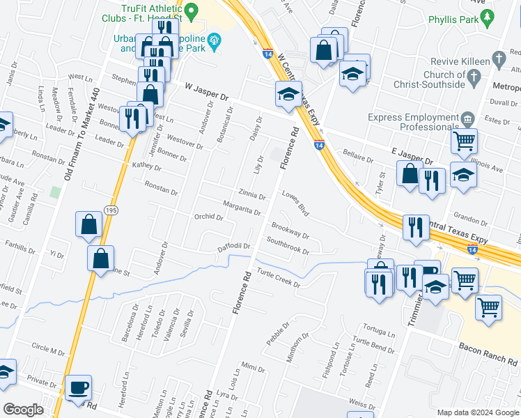 map of restaurants, bars, coffee shops, grocery stores, and more near 103 Margarita Drive in Killeen