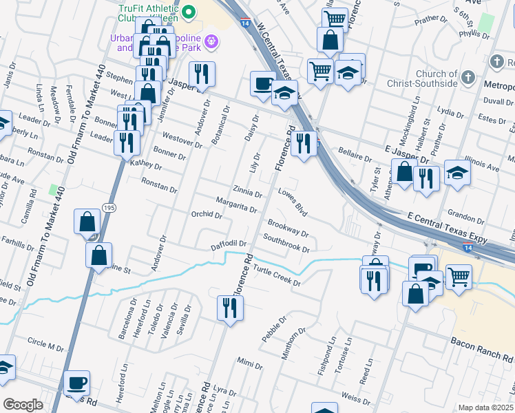 map of restaurants, bars, coffee shops, grocery stores, and more near 102 Zinnia Drive in Killeen