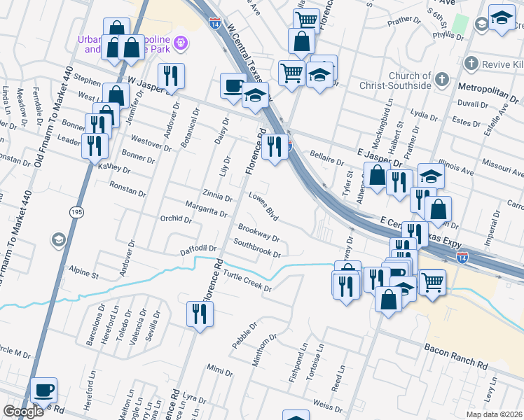 map of restaurants, bars, coffee shops, grocery stores, and more near 110 Lowes Boulevard in Killeen