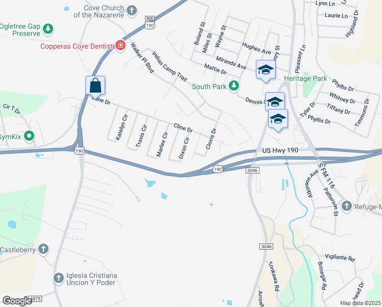 map of restaurants, bars, coffee shops, grocery stores, and more near 1111 Dixon Circle in Copperas Cove