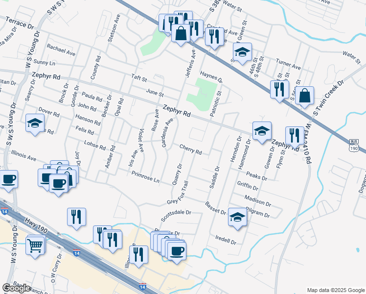 map of restaurants, bars, coffee shops, grocery stores, and more near 3301 Cherry Road in Killeen