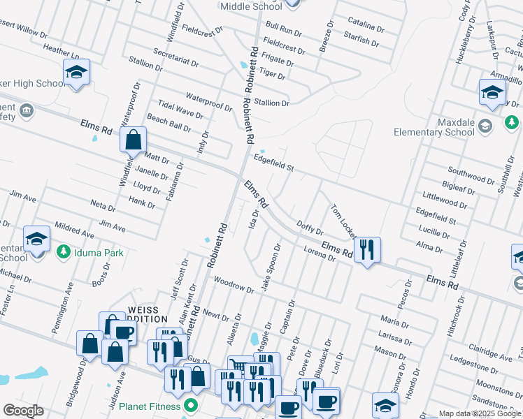 map of restaurants, bars, coffee shops, grocery stores, and more near 3609 Elms Road in Killeen