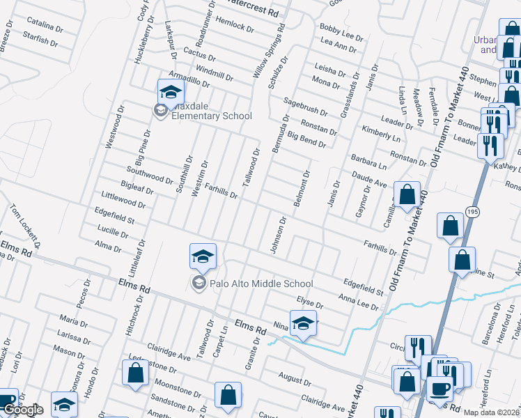 map of restaurants, bars, coffee shops, grocery stores, and more near 1803 Farhills Drive in Killeen